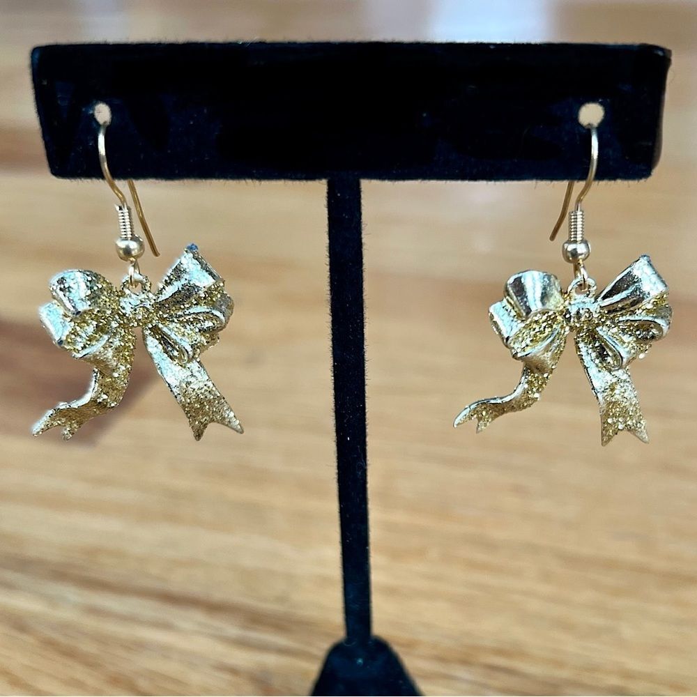 Christmas Holiday Gold Bow Glitter Earrings
